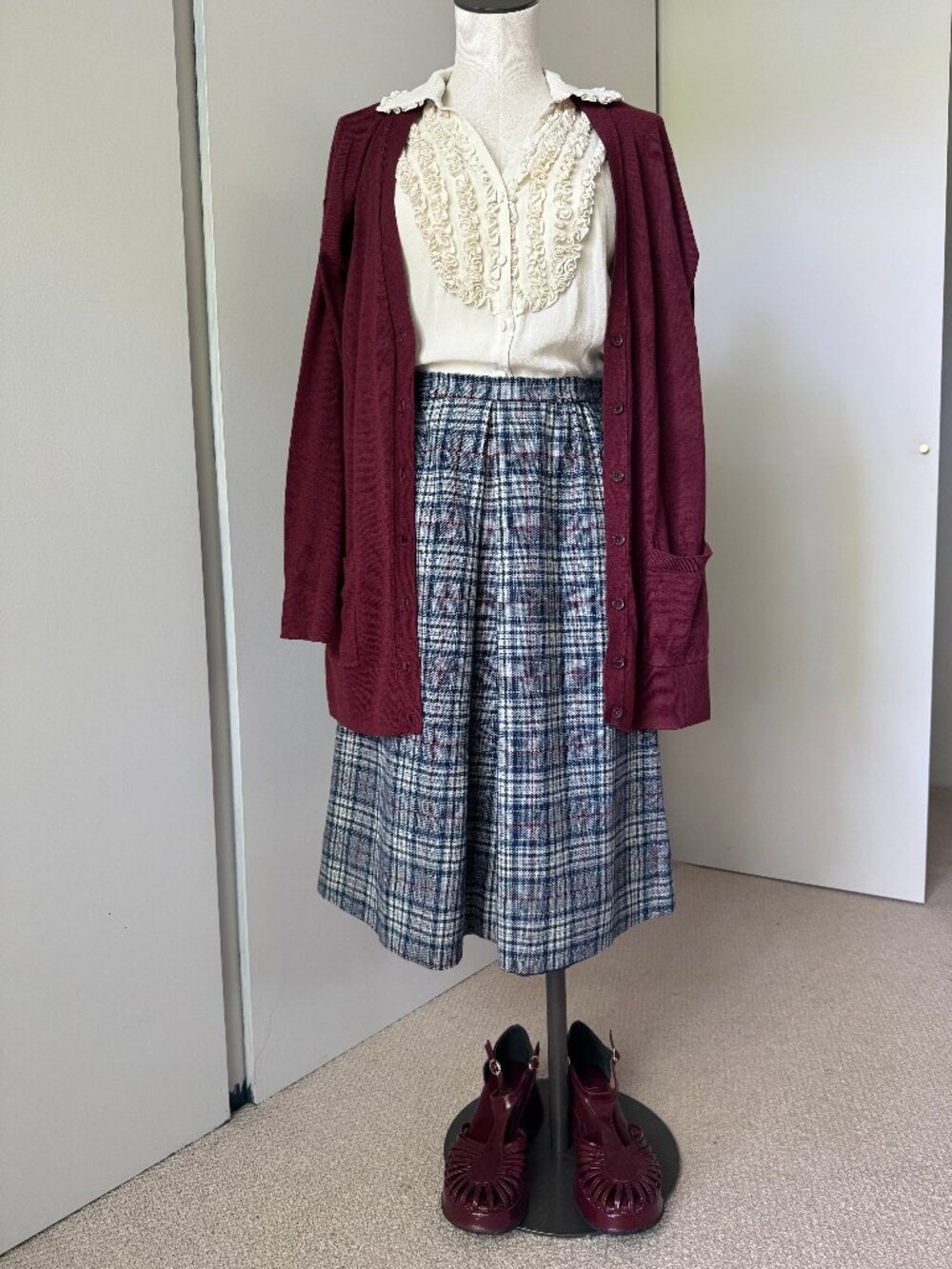Vintage Wool Blue Plaid A-line Skirt Cottagecore Countryside Eclectic Grandma- S